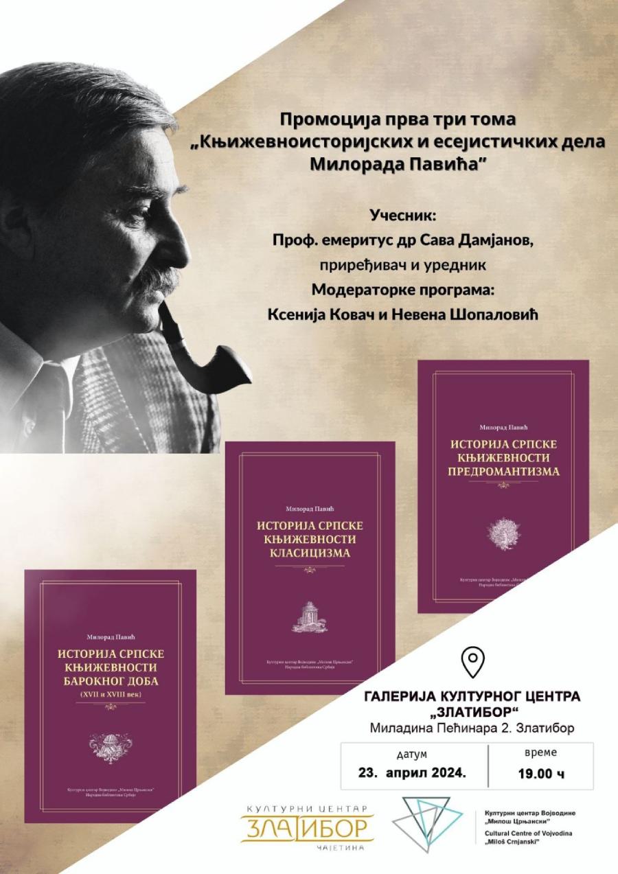 Плакат за промоцију Плакат на ком је у горњем левом углу фотографија Милорада Павића, а на средини 3 књиге
