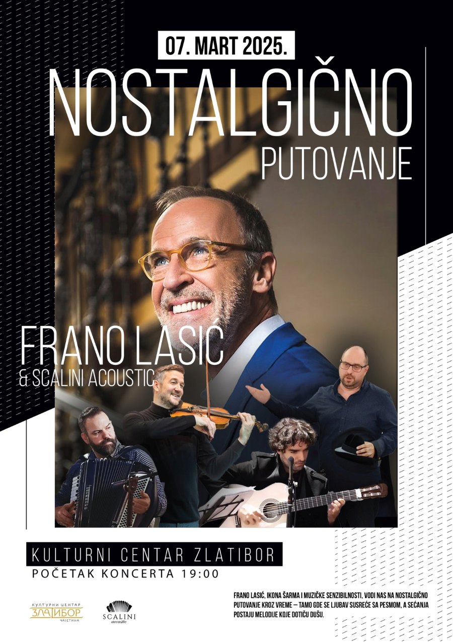 Концерт Франа Ласића najavni plakat za koncert na kom su podaci i fotografija pevača