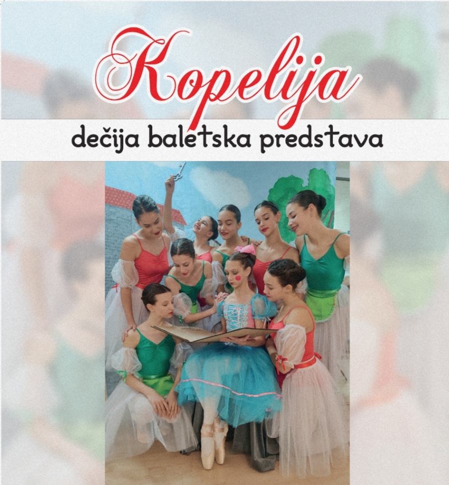 Дечија балетска представа „Копелија" plakat za deciji balet, balerine okupljene u grupu