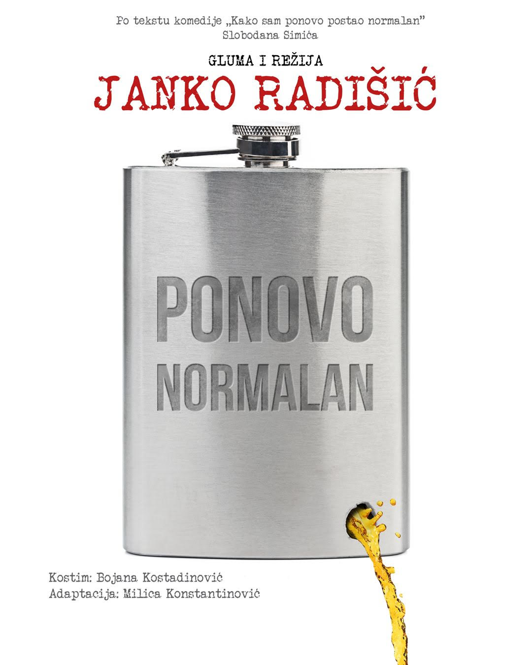 Plakat za predstavu, metalna pljoska za rakiju, i najavni tekst