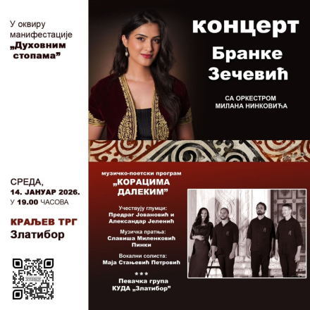 plakat, u levom delu napisali podaci. U desnom fotografijа devojke i ansambla